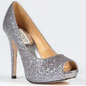 Badgley Mischka Humbie Silver Glitter Platform Heels 8.5 sparkle wedding holiday